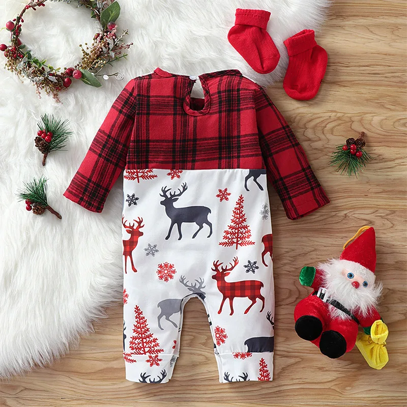 Winter Newborn Baby Romper Christmas Toddler Kids Boy Girl Xmas Deer Printed Lattice Long Sleeve Jumpsuit Outfits for 0-24M