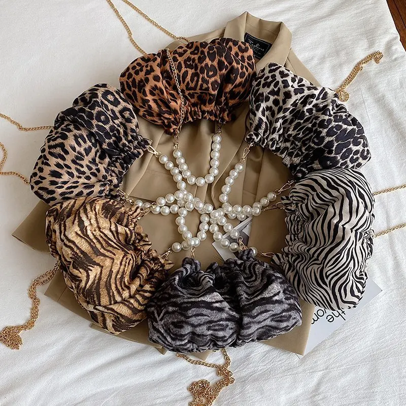 Eleganckie tygrysie/zebra/leopard Print małe torby z grubej bawełny dla kobiet 2021 seksowna torebka do klubu nocnego łańcuszek z pereł Hobos