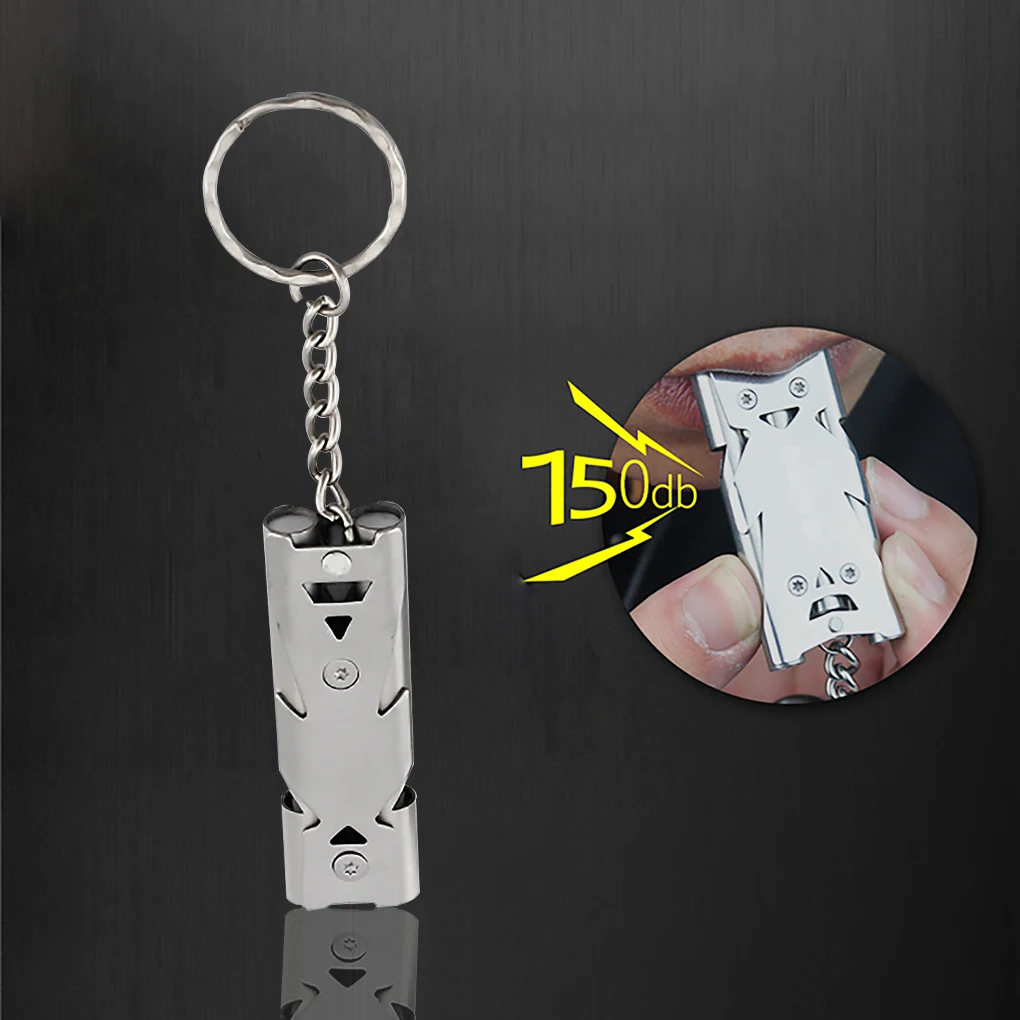 Portable Outdoors 150dB High Decibel Keychain Whistle Stainless Steel Double Pipe Emergency Survival Whistle Multifunction Tools