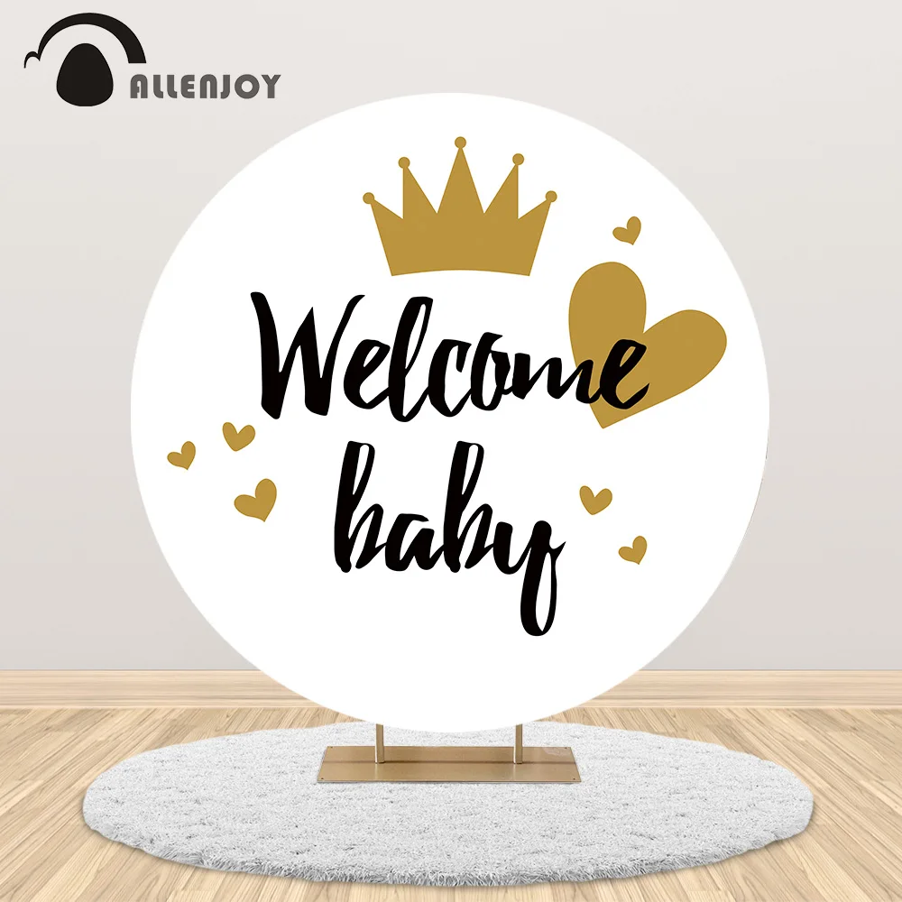 Allenjoy Golden Crown Round Circle Backdrop Covers Welcome Party Baby Shower Background Photozone Wallpaper Decoration Banner