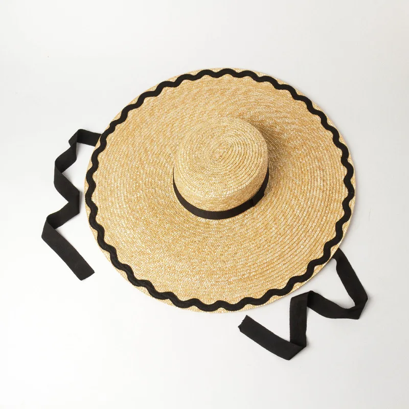 Elegant Chapeu Feminino Summer New Wave Patch Flat Top Big Wide Brim Straw Hat For Lady Holiday Sun Protection Beach Bucket Cap