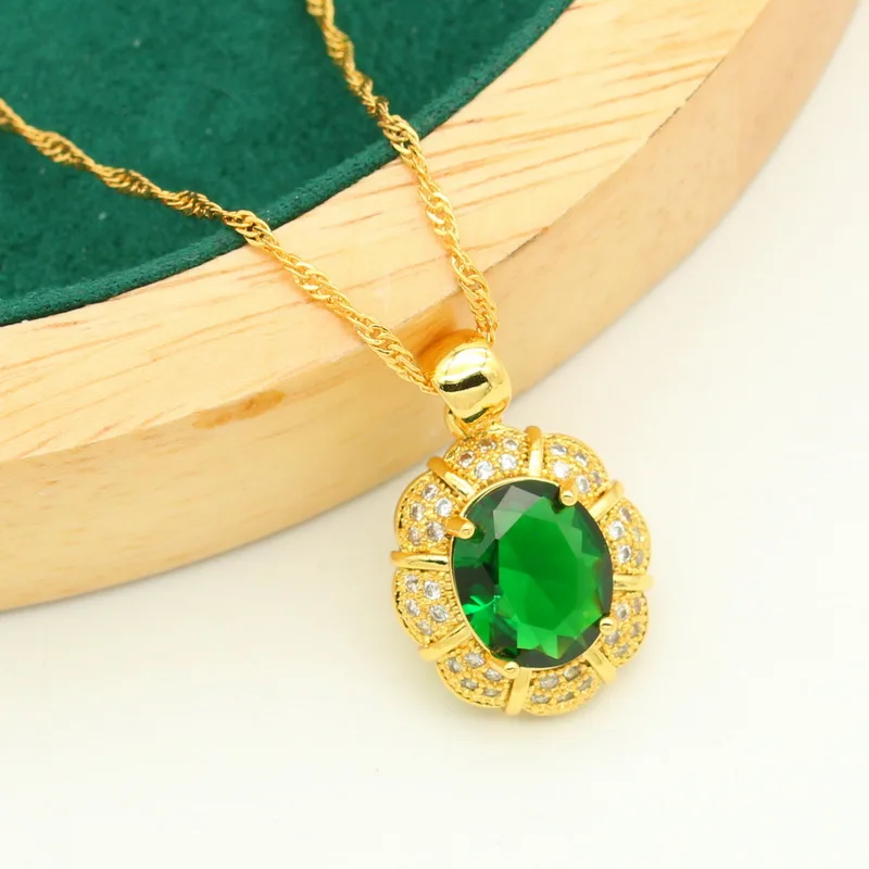 New Arrivals Gold Color Jewelry Sets For Women Wedding Green Zircon Bracelet Ear Clip Earrings Necklace Pendant Ring Gift 4PCS