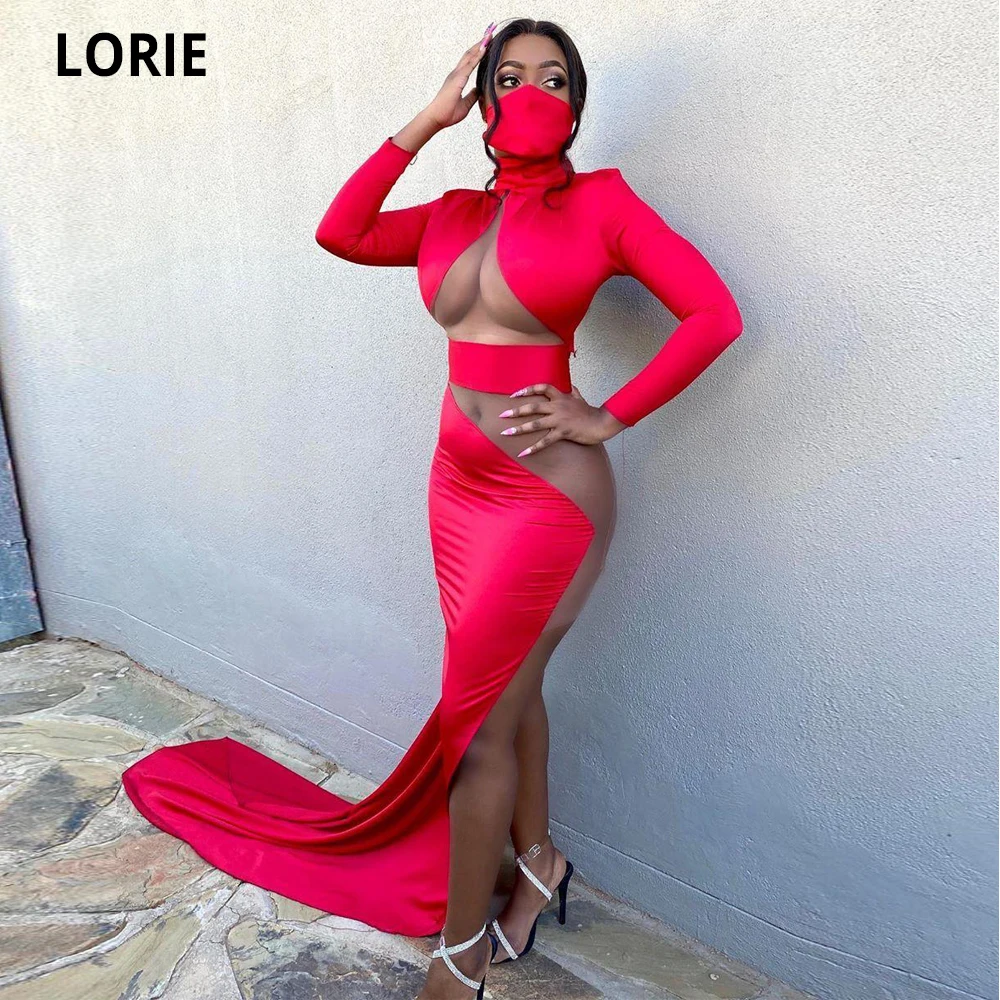 

LORIE Sexy Red Mermaid Evening Dresses High Split illusion High Neck Prom Dresses Long Sleeves Formal Party Second Gown