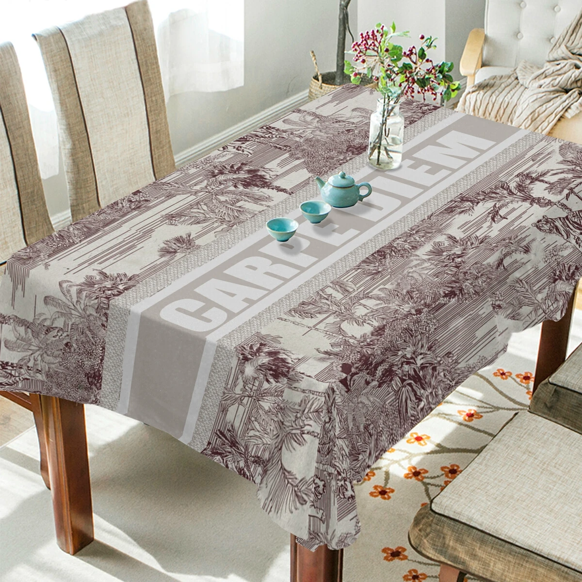 Carpe Diem Print Tablecloth Retro Plant Floral Pattern Rectangular Table Cloth Waterproof Heat Resistant For Kitchen Living Room