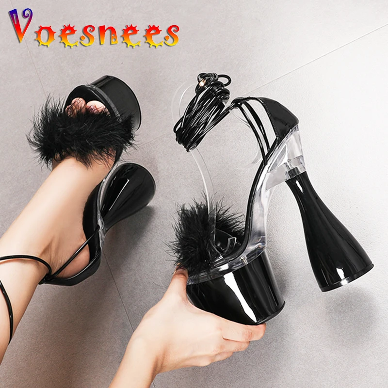 2022 New Round Heels Furry Sandals Women Platform Summer Fashion Fur Party Shoes 17.5CM Super High Heel Ankle Cross-Tied Shoes