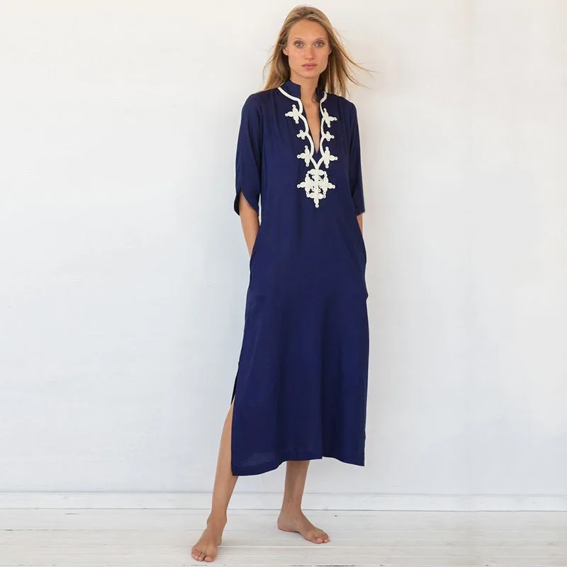 Navy Retro Embroidered  Long Kaftan Woman Bikini Cover Up Vintage Tassel Summer Dress Beach Wear Swim Suit Cover Up