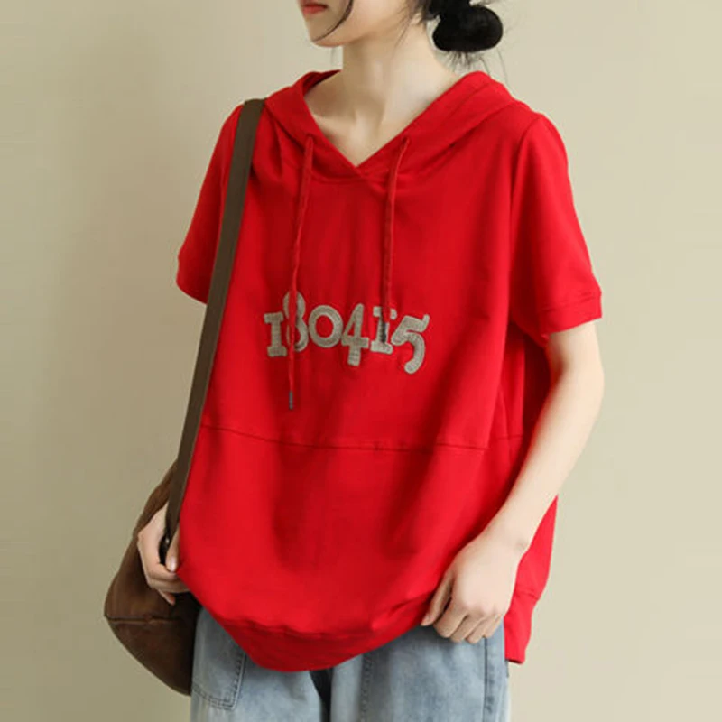 

2022 Summer New Korea Fashion Women Short Sleeve Loose Tshirt All-matched Casual Cotton Hooded Tee Shirt Femme Tops S807