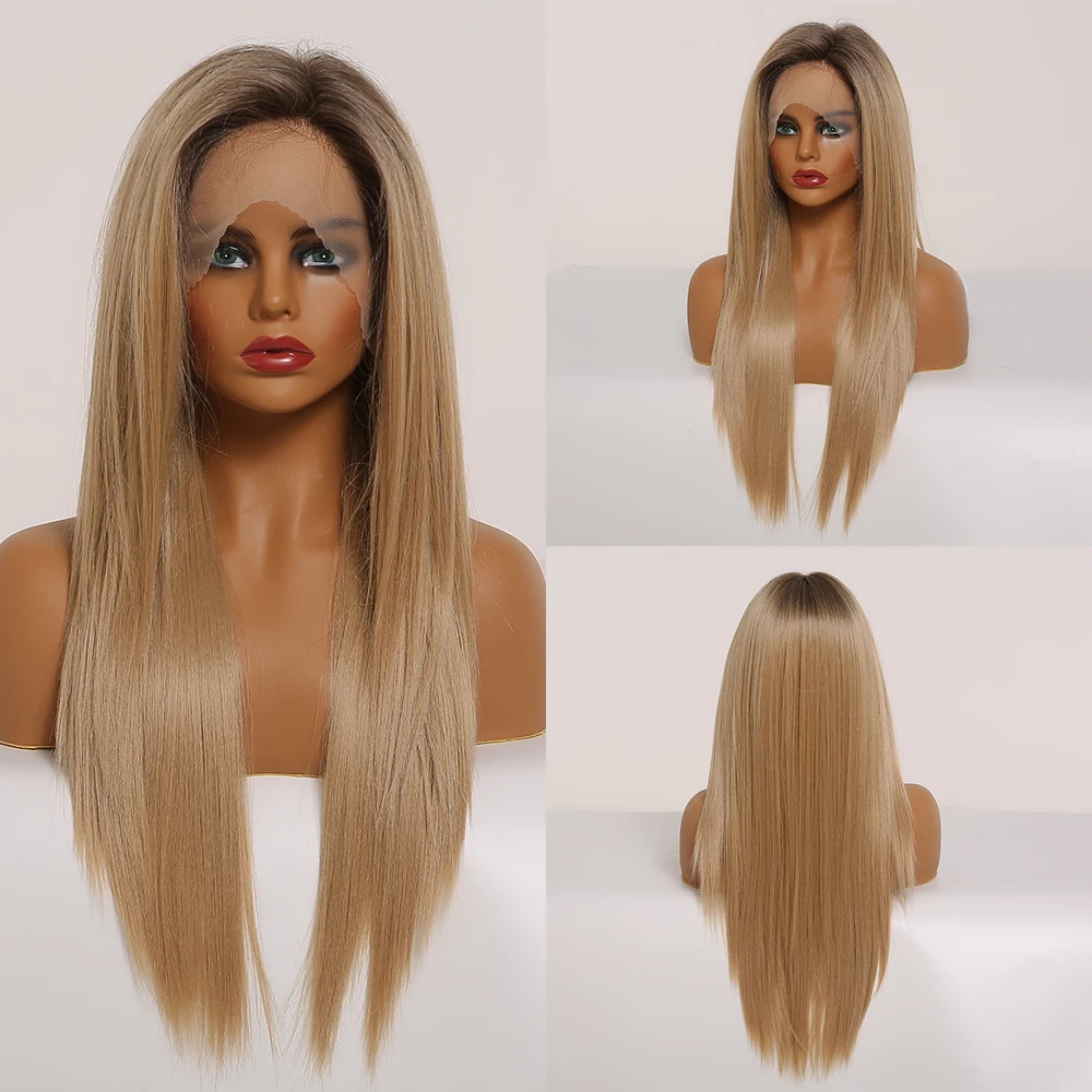 EASIHAIR-Perucas sintéticas longas e sedosas para mulheres, marrons, louras, T Part Lace, cabelo de bebê, alta densidade, resistente ao calor