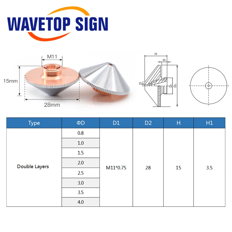 WaveTopSign Dia.28mm Laser Nozzle Single Double Layer Caliber 0.8-5.0 Thread M11 for Precitec WSX Fiber Laser Cutting Head