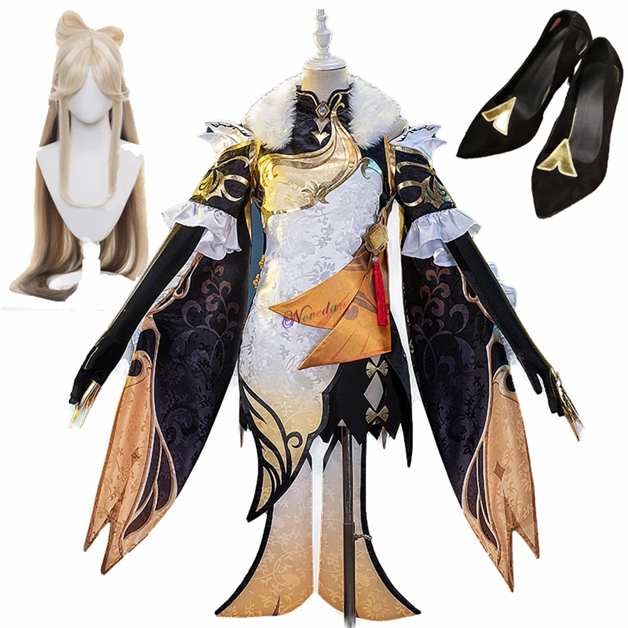 Spiel gm cosplay ning guang Kostüm Schuhe Perücke Anime Halloween Party Cheong sam Qipao Kleid für Frauen Mädchen