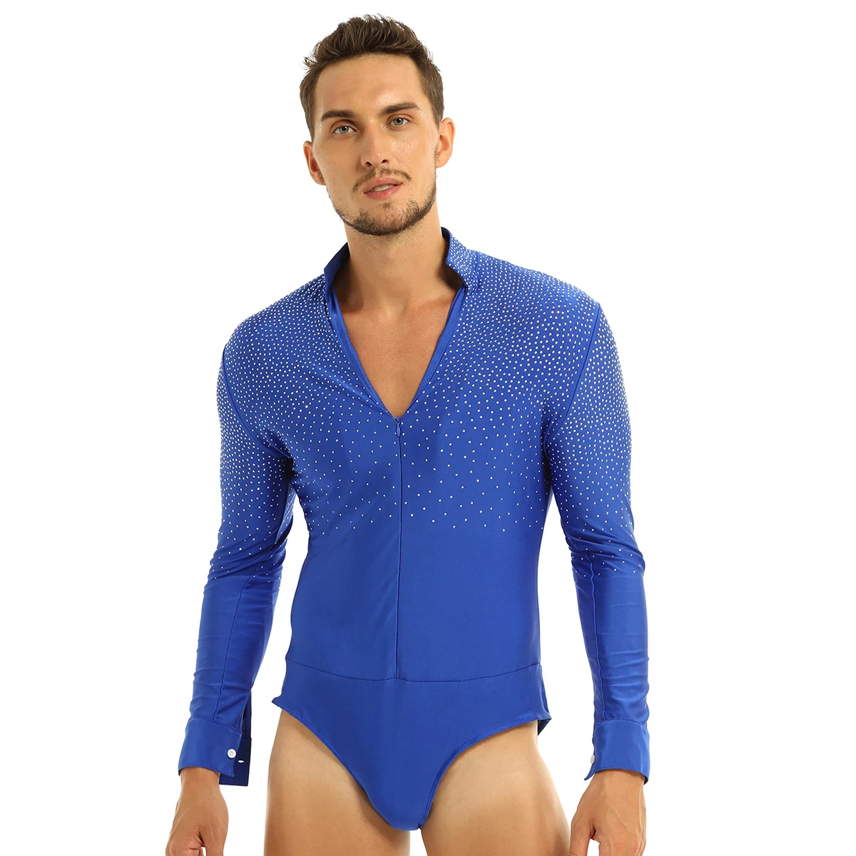 Mens Shiny Rhinestones Latin Tango Rumba Dance Shirt V-neck Stand Collar Long Sleeve Ballroom Leotard Bodysuit Shirt Tops