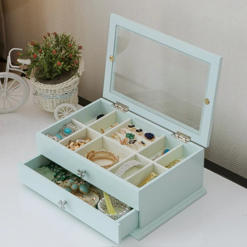 Double-layer Wooden Jewelry Box Desktop wWooden Storage Box Jewelry Finishing Box Cosmetics Storage Box Earrings Display Box