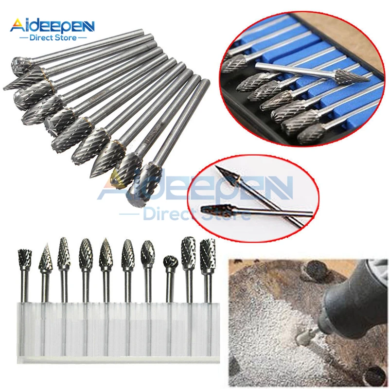 

10Pcs/set 3x6mm Carbide Rotary Burr File Tungsten Steel Grinding Head Rotary File Cutter Wood Carving Carved Knife Cutter Tools