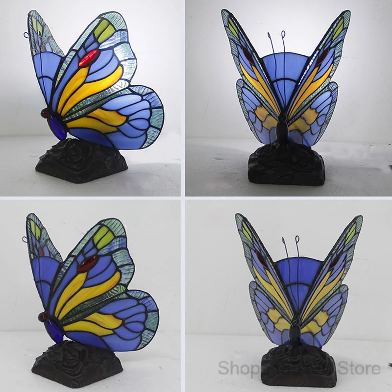 Mediterranean Butterfly Tiffany Table Lamps Retro Stained Glass Desk Lamp for Bedroom Bedside Vintage Living Room Light Fixtures