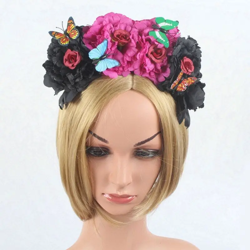 Halloween Simulation Colorful Peony Flower Headband Fairy Butterfly Mexican Crown Cosplay Day of The Dead Headpiece