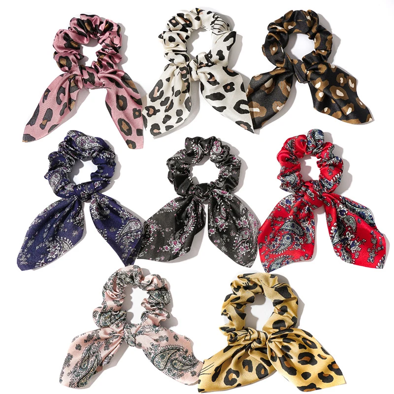 Kawaii Bunny Ears Scrunchies Leopard Rubber Hair Ties Cute Scrunchie Women Elastic Hair Bands Girls Animal Print Ponytail Holder