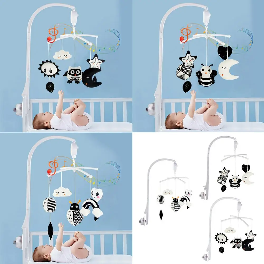 Infant Black And White Bed Bell Early Teaching Animal Music Rotating Electric Detachable Hanging Toy