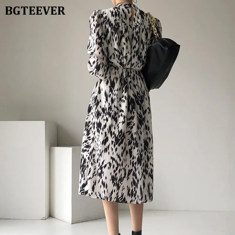 BGTEEVER 2021 Spring New Stand Collar Women Full Sleeve Dress Elegant Hit Color Female Lace-up Printed Midi Dress Vestidos