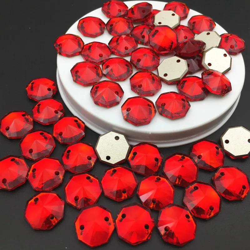 14mm 28 pcs Round Octagon Sew On Stones Siam Red With 2 Holes Flatback Sewing Rhinestone For DIY Dress Jewelry