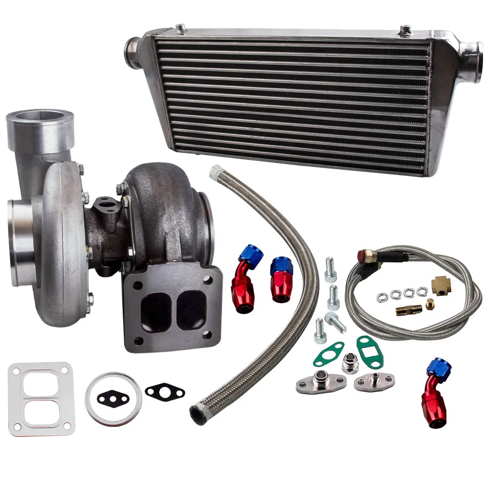 Turbocharger Turbolader GT45 T4 V-Band A/R .66 1.05 + 600x300x76 Intercooler Turbine + Oil Line Kit