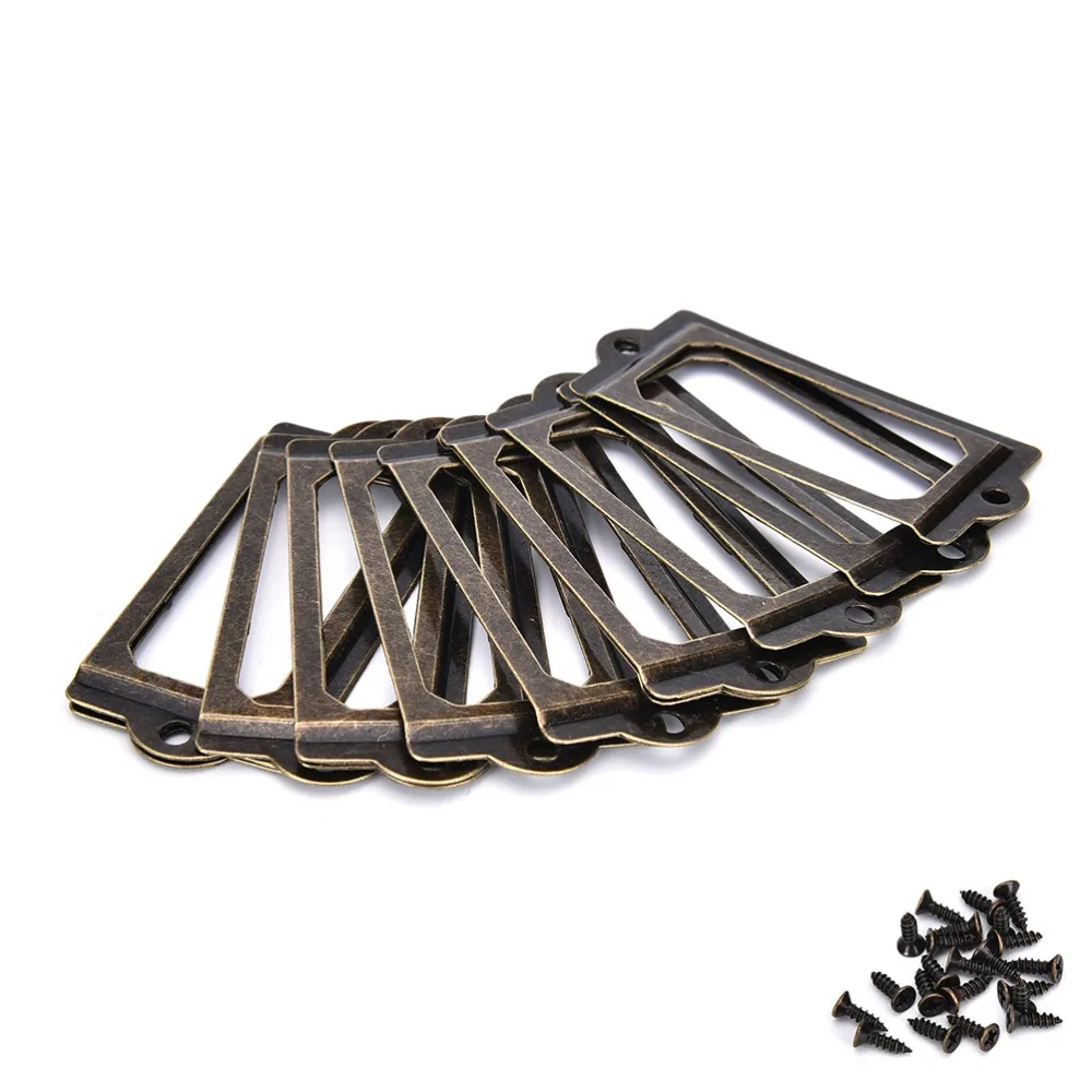 12Pcs โลหะทองเหลืองโบราณป้ายดึงกรอบแฟ้มชื่อการ์ดสำหรับตู้ลิ้นชักกล่องกรณีชุดสกรู
