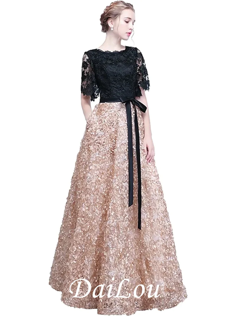 Linha a elegante formal noite casamento vestido de festa jewel neck manga curta até o chão renda com bordado 2022