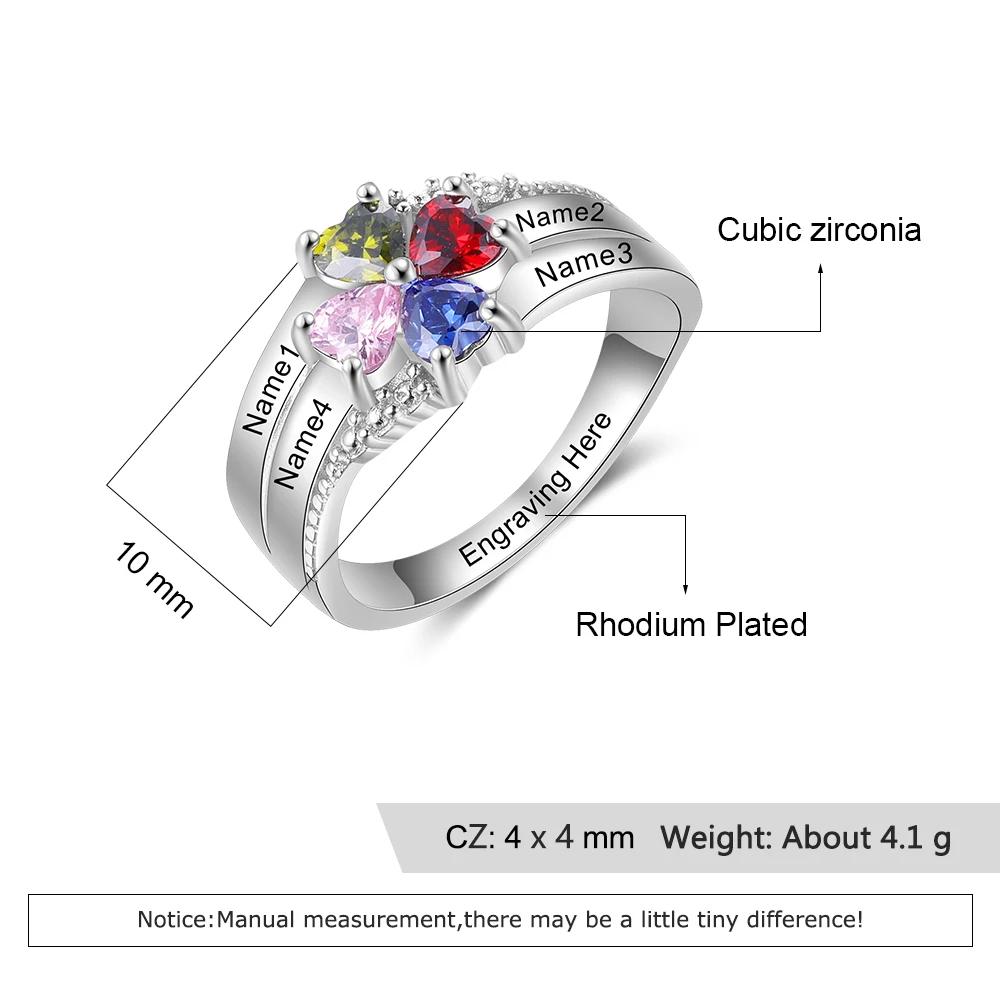 JewelOra Customized Family Name Mothers Ring with 4 Heart Birthstones Silver Color Personalized Engraved Rings for Women Gifts