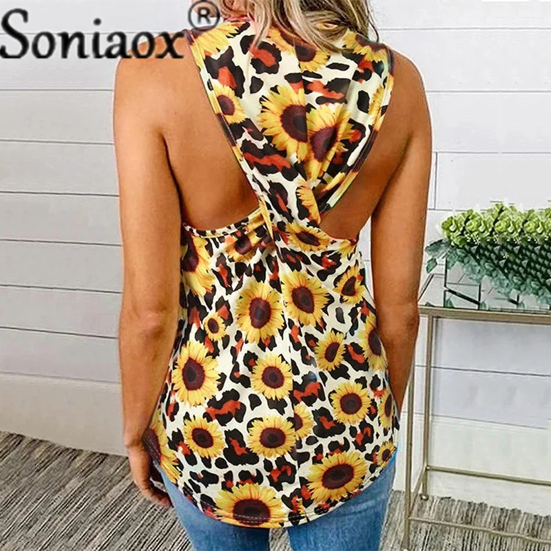 2021 Summer New Casual Loose Vest T-Shirt Women O-Neck Leopard Sunflower Printing Open Back Hollow Sleeveless Fashion Tee Tops