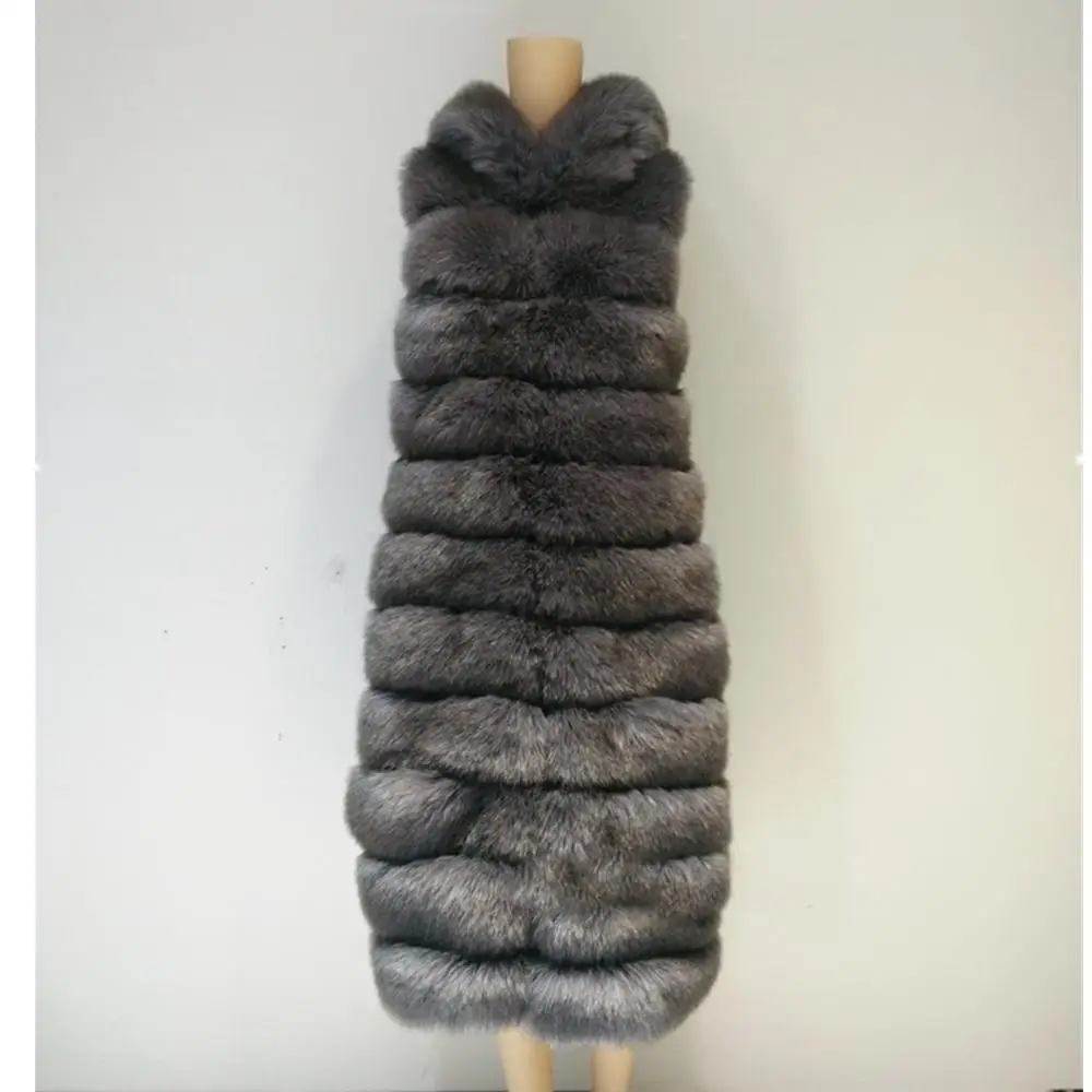 90CM Women Winter Faux Fur Super Long Fur Vest With Hooded Luxury Faux Fox Fur Vest Furry Woman Thick Fake Fur Vest