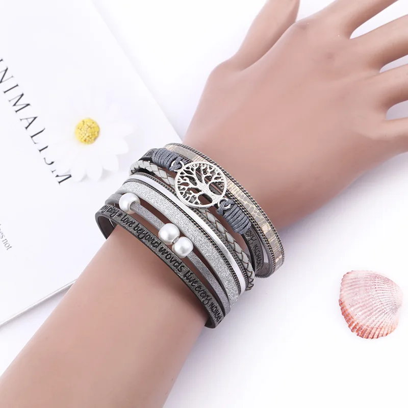 Tree of Life Leather Charm Bracelets for Women Fashion Couple Bracelet Pearl Bohemian Multilayer Wide Wrap Gifts