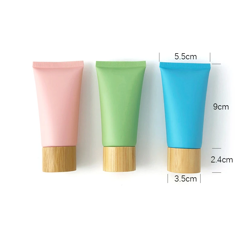 

50ML X 50 Matte Pink Blue Green Cream Bottle,50g Empty Squeeze Soft Tube Bamboo Screw Lid, Frost Facial Lotion Cosmetic Package