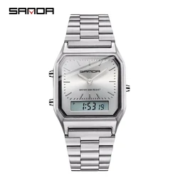 Retro Classic Men Watches SANDA 747 Dual Display Quartz Watch Man Stainless Steel Wristwatches Clock Electronic LED Digital