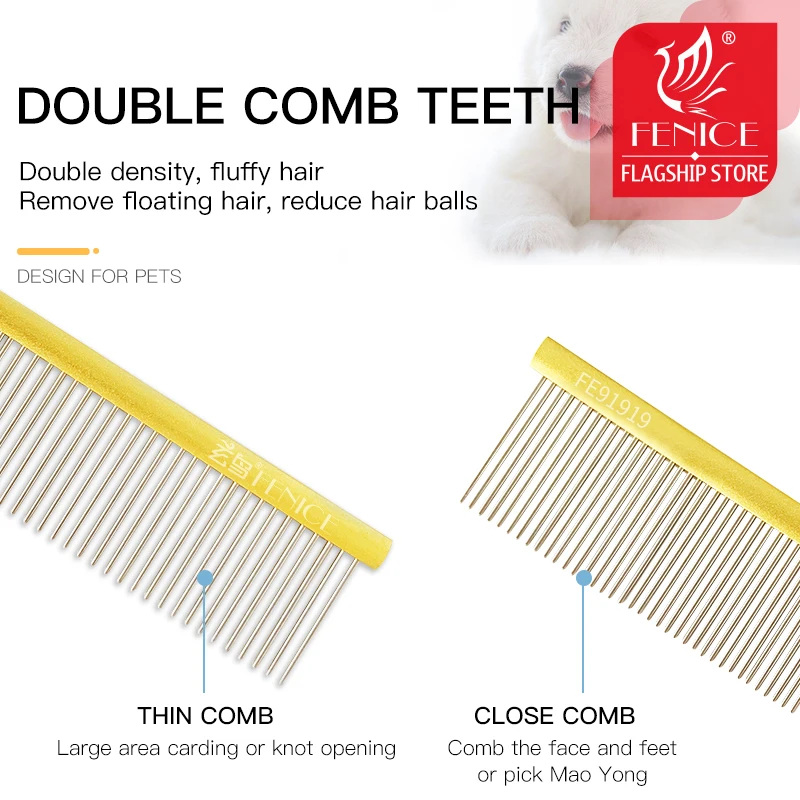 Fenice Stainless Steel Grooming Comb Aluminum Handle Cleaning Hair Comb for Dogs/Cats Pets Accessories