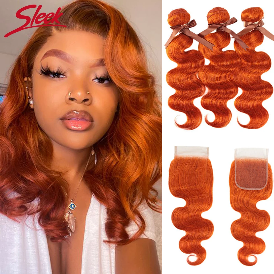 

Sleek Orange Body Wave Bundles With Closure Peruvian Hair Bundles With Closure 8-28 Remy Human Hair 3/4 Bundles With Closure