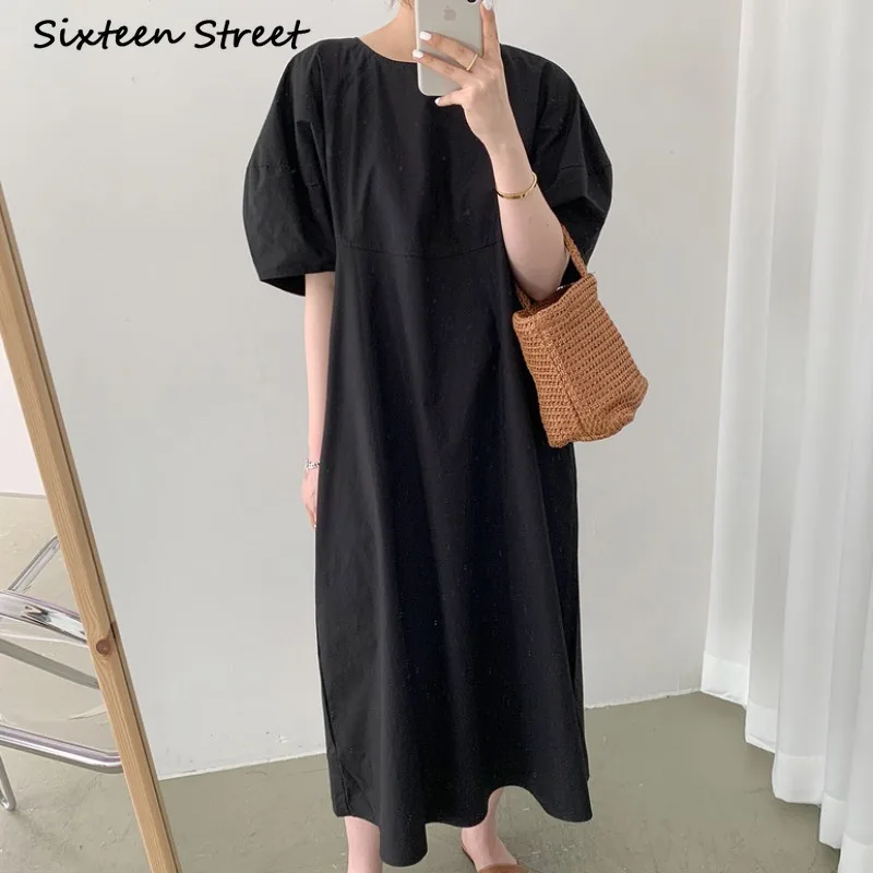 Dresses for Women Korean Fashion Clothing Chic Minimalist Green O Neck Loose Casual Puff Sleeve Vestido De Mujer Y2k Aesthetic