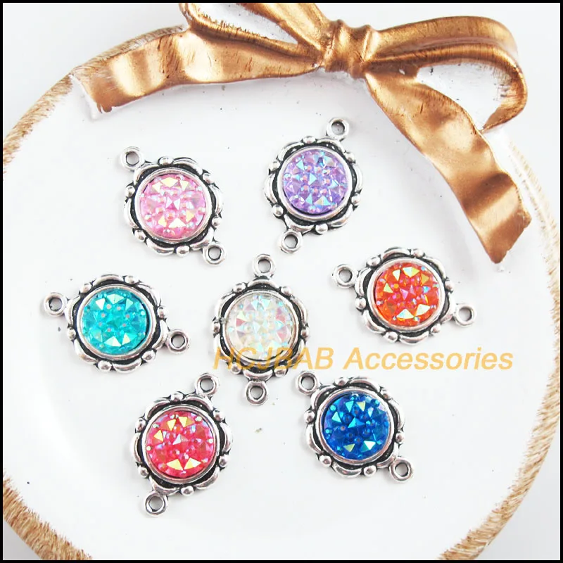 14 New Flower Charms Tibetan Silver Tone Retro Mixed Round Resin Connectors 15x23mm