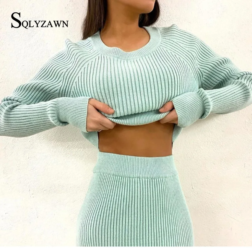 Women Autumn Crop Tops Sweater and Skirt Two Piece Set Female Ribbed Knitted Slim Fit Sweater Skirts 2 Piece Sets Womens Outfits