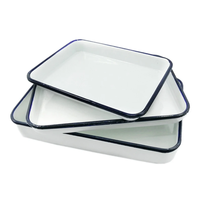 1PCS Handcrafted Vintage Tray White Enamel Home Cake Oven Baking Tray Square Retro Plates