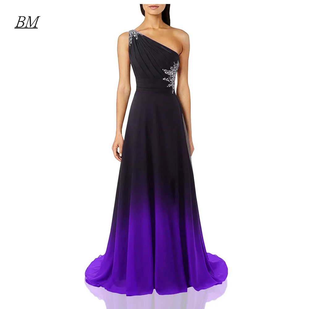 2022 One Shoulder Gradient Chiffon Beaded Prom Dresses Long Ombre Formal Evening Bridesmaid Party Gown Vestidos Robes De Soiree