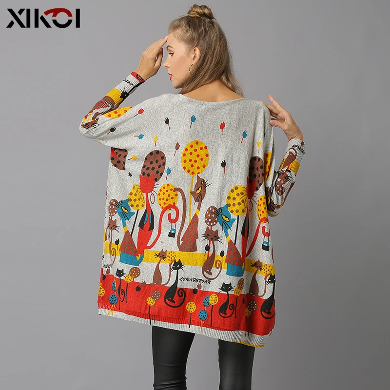 XIKOI Winter Cats Sweater For Women Oversized Pullovers Knitted Long Beautiful Jumper Fashion Printed Pull Femme O-Neck Clothes