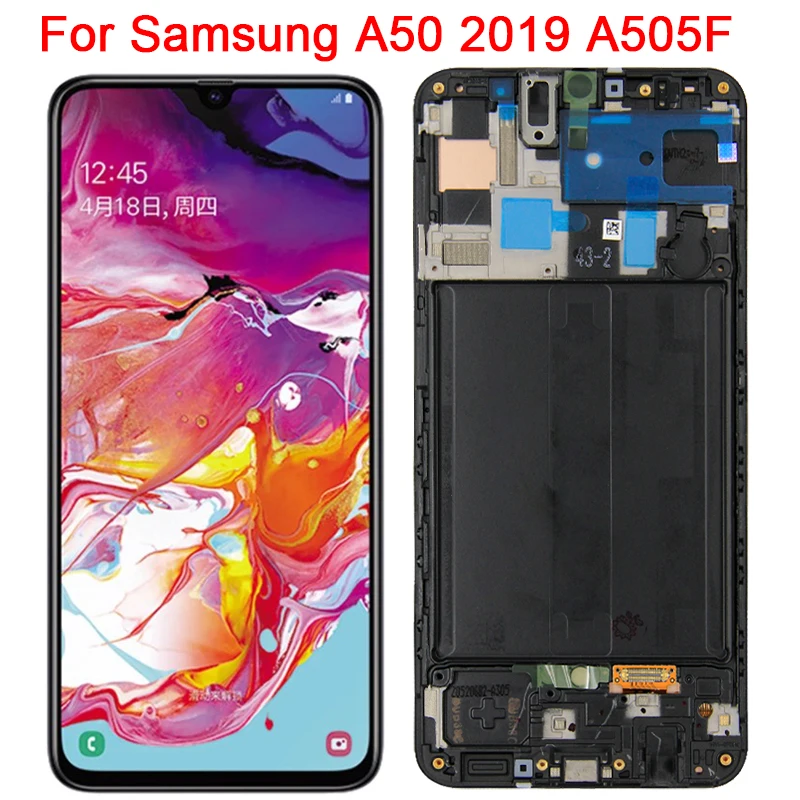 

ЖК-экран для Samsung Galaxy A50 2019 Super AMOLED с рамкой 6,4 дюйма A505F/DS A505A, зеркальный дисплей, сенсорный экран в сборе, чехлы