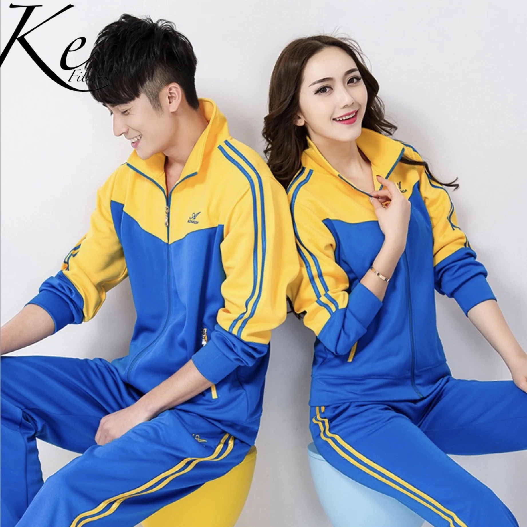 

KE279 New Sport Set woman man tracksuit autumn yellow big plus extra size 4XL jacket pants 2 pieces jogging running clothing