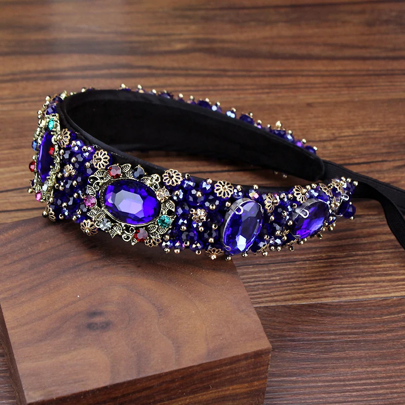 Luxury Royal Blue Crystal Baroque Headbands Handmade Diamante Vintage Hairbands For Women Wedding Hair Accessories