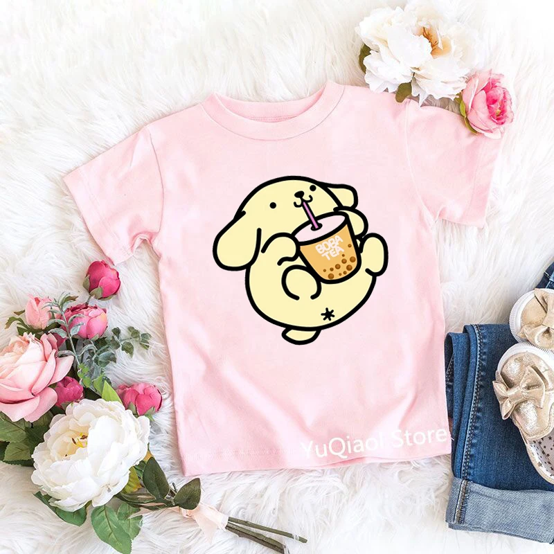 Cute Pompompurin/Panda/Cat/Duck Love Boba Funny Cartoon Print Tshirt Baby Kids Girl T-Shirt Summer Children Pink T Shirt Top Tee