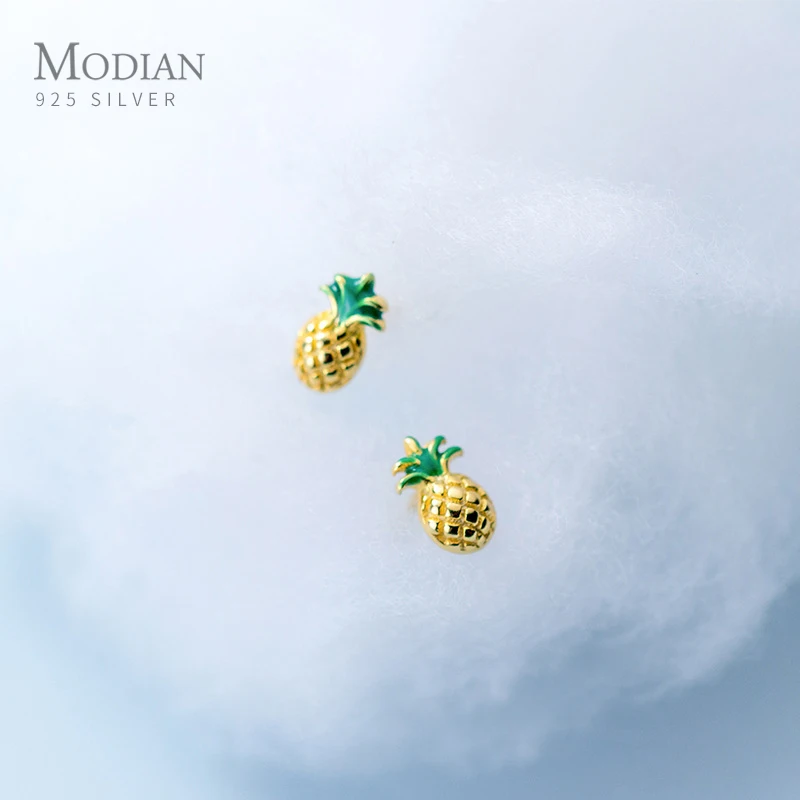 Modian  Enamel Classic Gold Color Real 925 Sterling Silver Simple Cute Pineapple Stud Earrings For Women Charm Fine Jewelry