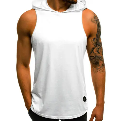 Solid Color Casual Men Muscle  gym Hoodie Tank Top  Letter Loose cotton Bodybuilding Sleeveless Vests Hooded Men T-shirt