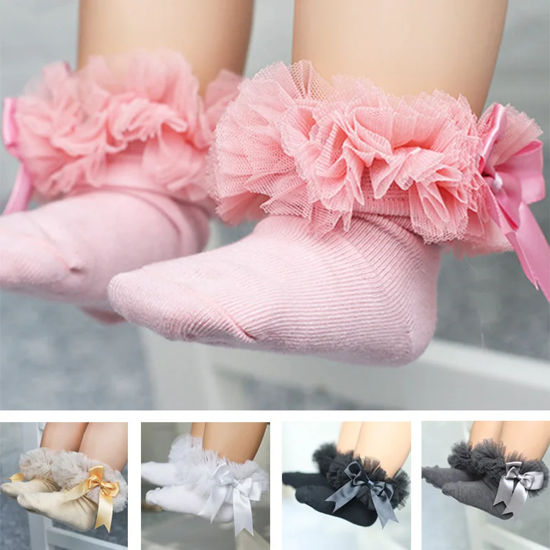 0-8Y Cute Princess Bowknot Lace Baby knee high Socks Non Slip Baby Girl Socks Newborns Infant Toddler Short Ankle Socks