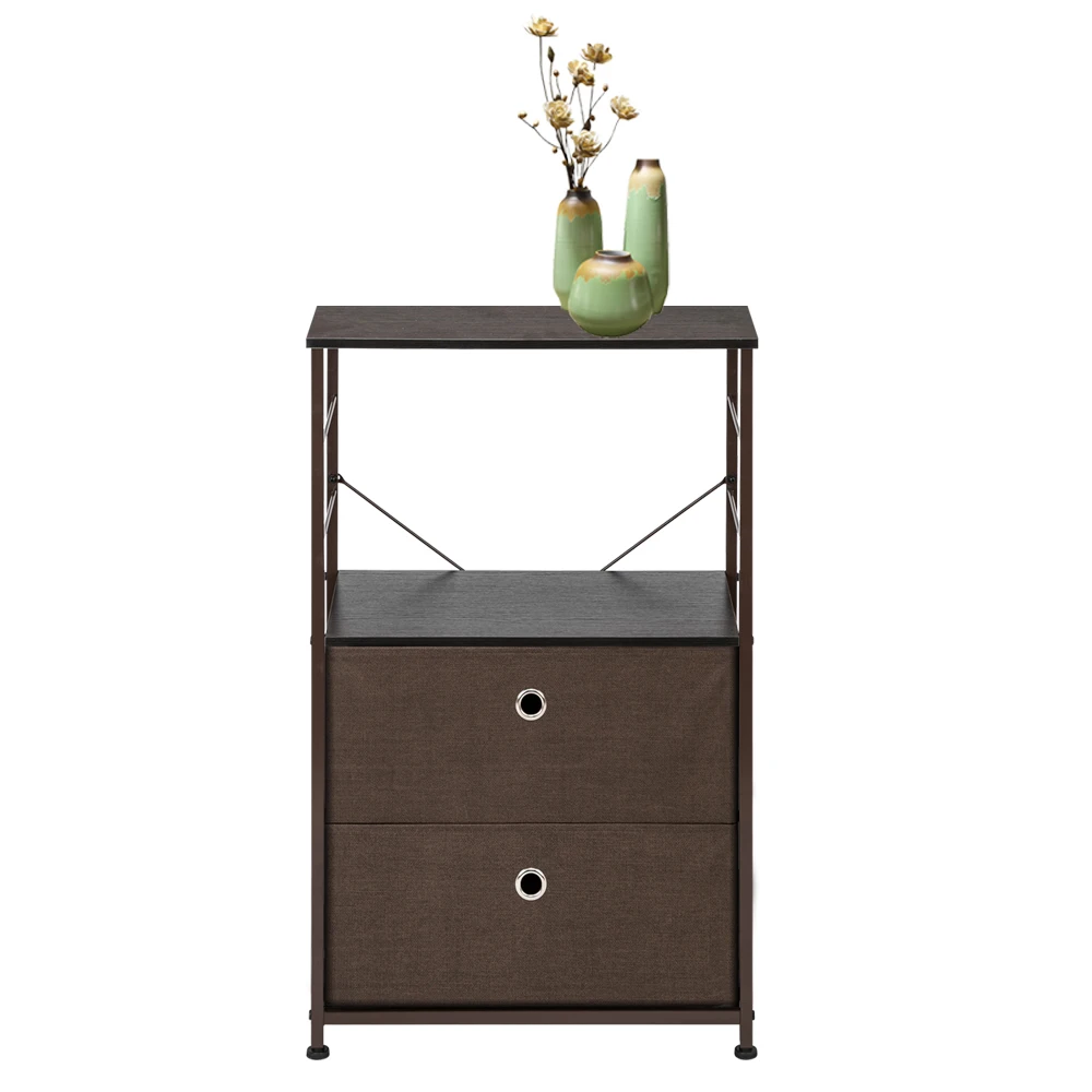 

Nightstand End Table 2-Drawer Storage Shelf Dresser Bedside Furniture&Chest Steel Frame Wood Top Easy Pull Fabric Bins 3 Color