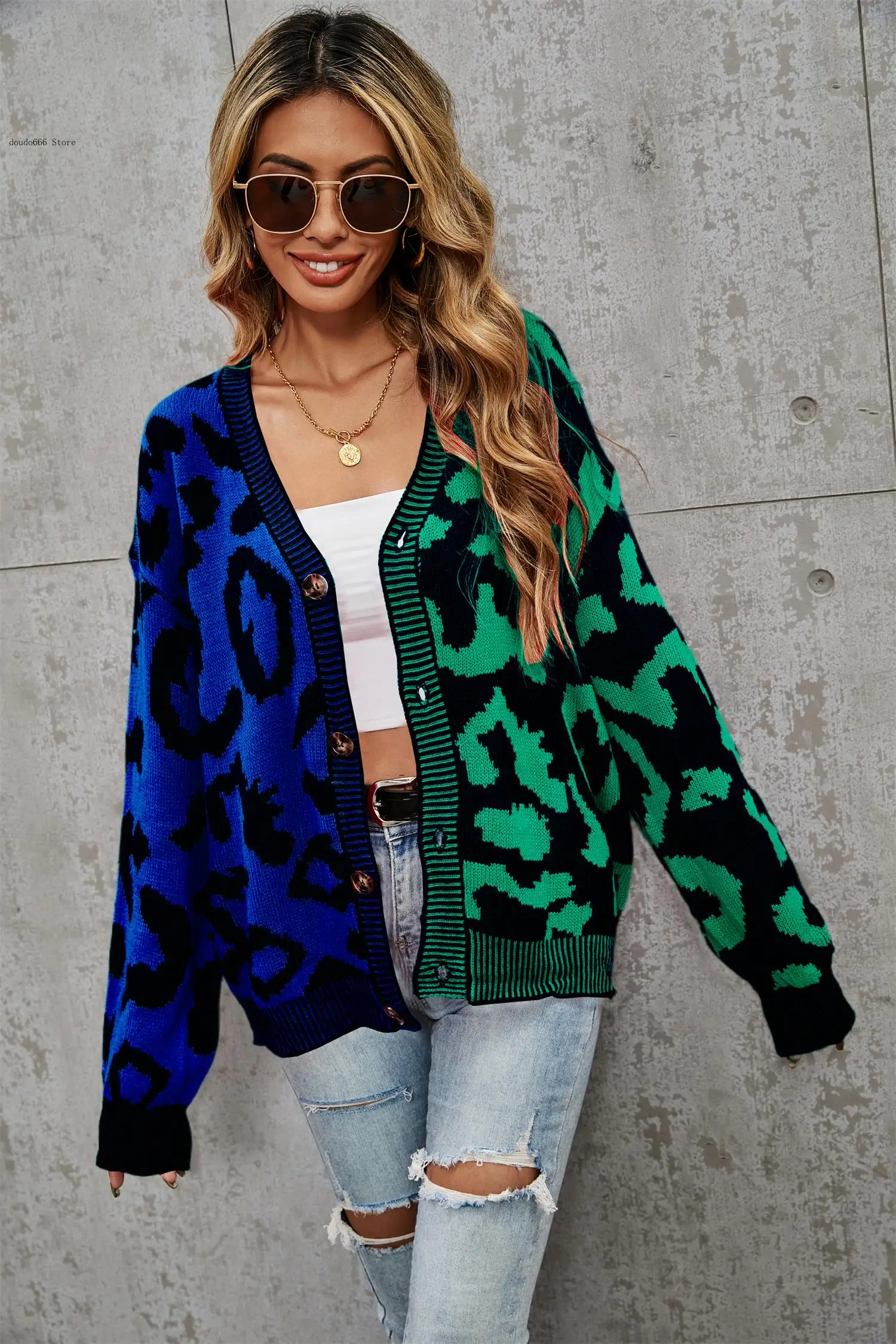 Women\'s Spring and Autumn Cardigan Sweater with Two Color Leopard Print Patchwork V-Neck Cardigan Jacket