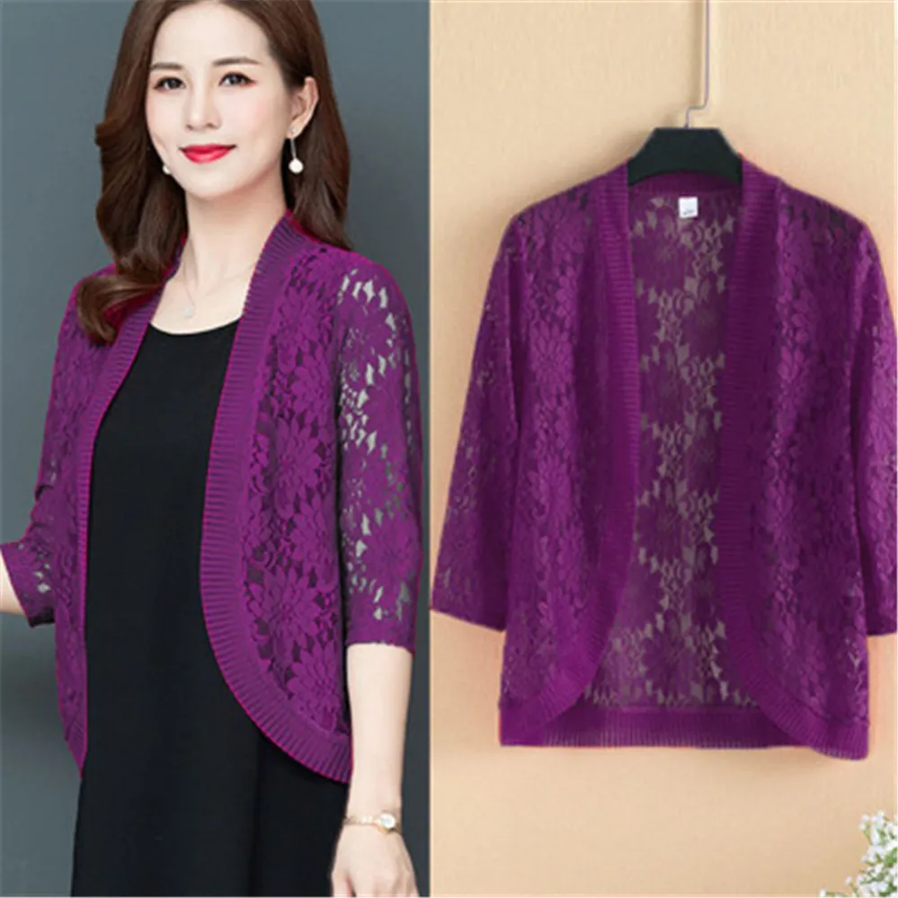 Spring Summer Fashion Women Plus Size 4XL 5XL Cardigan Thin Coat Half Sleeve Elegant Lace Mesh Crochet Blusas Top Thin Outwear